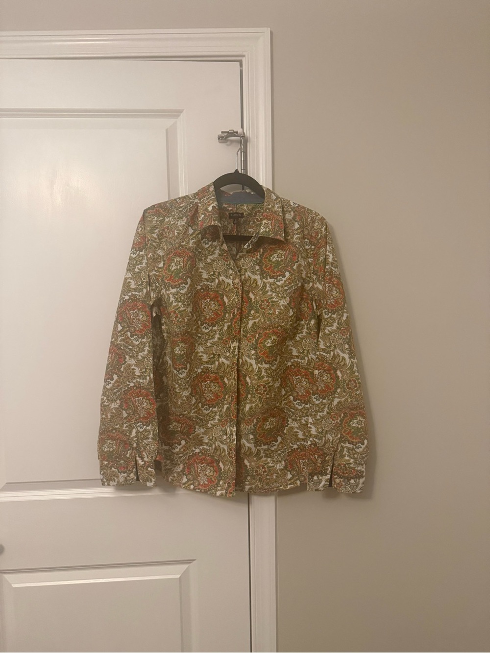 Talbots Olive Green Paisley Button-Down Shirt with Orange Accents